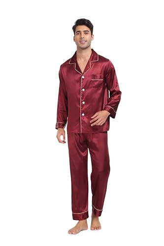 North Bund Herren Schlafanzug Pyjama Set Nachtwäsche Satin Lang Zweiteiliger Langarm Ärmel Knopfleiste Hausanzug Pyjamahose Seide Männer Loungewear Mit V Ausschnitt Knopfleiste Taschen von North Bund