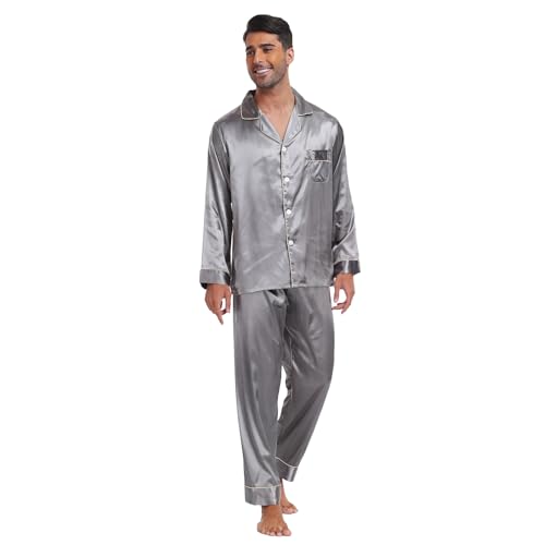 North Bund Herren Schlafanzug Pyjama Set Nachtwäsche Satin Lang Zweiteiliger Langarm Ärmel Knopfleiste Hausanzug Pyjamahose Seide Männer Loungewear Mit V Ausschnitt Knopfleiste Taschen von North Bund