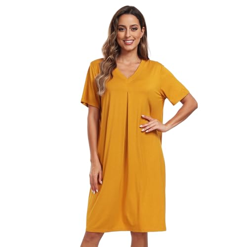 North Bund Nachthemd Damen Kurzarm Nachtwäsche Sommer Schlafshirt Loose fit Negligee V-Ausschnitt Sleepwear S-XXL Gelb L von North Bund