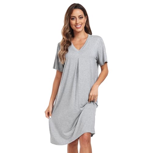 North Bund Nachthemd Damen Kurzarm Nachtwäsche Sommer Schlafshirt Loose fit Negligee V-Ausschnitt Sleepwear S-XXL Grau L von North Bund