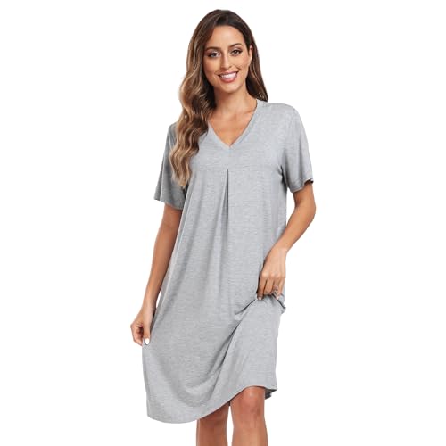 North Bund Nachthemd Damen Kurzarm Nachtwäsche Sommer Schlafshirt Loose fit Negligee V-Ausschnitt Sleepwear S-XXL Grau M von North Bund