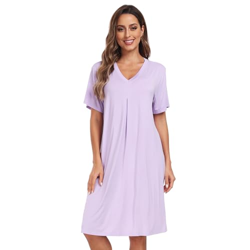 North Bund Nachthemd Damen Kurzarm Nachtwäsche Sommer Schlafshirt Loose fit Negligee V-Ausschnitt Sleepwear S-XXL Lila XL von North Bund