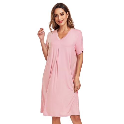 North Bund Nachthemd Damen Kurzarm Nachtwäsche Sommer Schlafshirt Loose fit Negligee V-Ausschnitt Sleepwear S-XXL Rosa XXL von North Bund