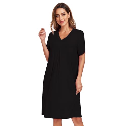 North Bund Nachthemd Damen Kurzarm Nachtwäsche Sommer Schlafshirt Loose fit Negligee V-Ausschnitt Sleepwear S-XXL Schwarz XXL von North Bund