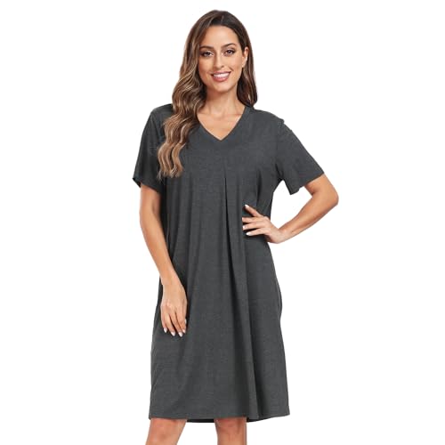 North Bund Nachthemd Damen Kurzarm Nachtwäsche Sommer Schlafshirt Loose fit Negligee V-Ausschnitt Sleepwear S-XXL Tiefes Grau L von North Bund