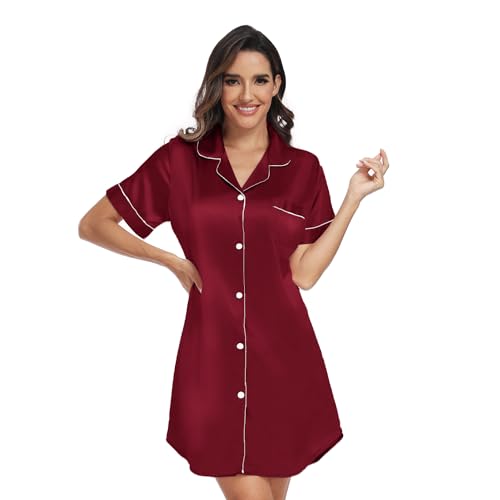 North Bund Nachthemd Damen Kurzarm V-Ausschnitt Schlafshirt Nachtwäsche Mit Knopfleiste Sleepshirt Schlafhemd Nachtkleid Kurz Geburtshemd Stillnachthemd Sommer Burgundy XXL von North Bund