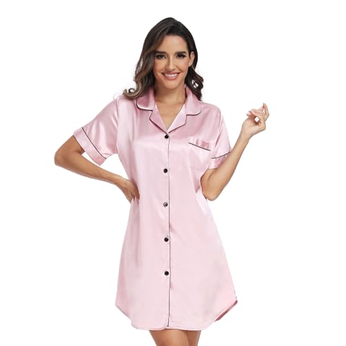 North Bund Nachthemd Damen Kurzarm V-Ausschnitt Schlafshirt Nachtwäsche Mit Knopfleiste Sleepshirt Schlafhemd Nachtkleid Kurz Geburtshemd Stillnachthemd Sommer Rosa XL von North Bund