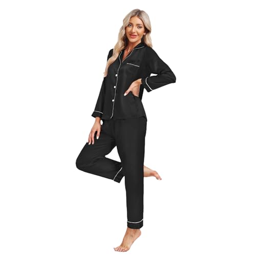 North Bund Satin Langarm Schlafanzug Damen Pyjama Sets Nachtwäsche Sleepwear Loungewear V-Ausschnitt Zweiteiliger Pyjamas Hausanzug Schwarz L von North Bund