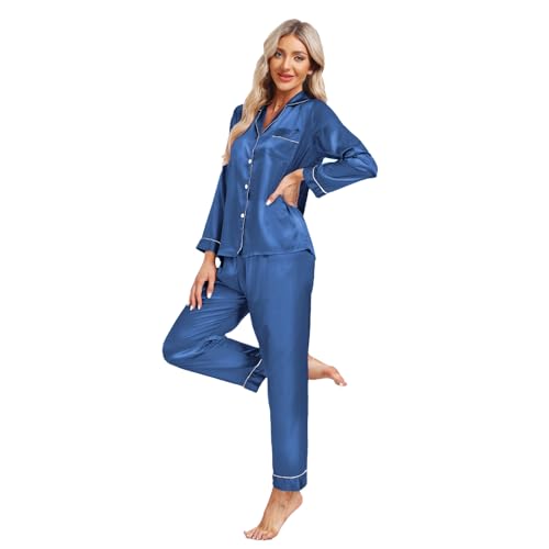 North Bund Satin Langarm Schlafanzug Damen Pyjama Sets Nachtwäsche Sleepwear Loungewear V-Ausschnitt Zweiteiliger Pyjamas Hausanzug Blau L von North Bund