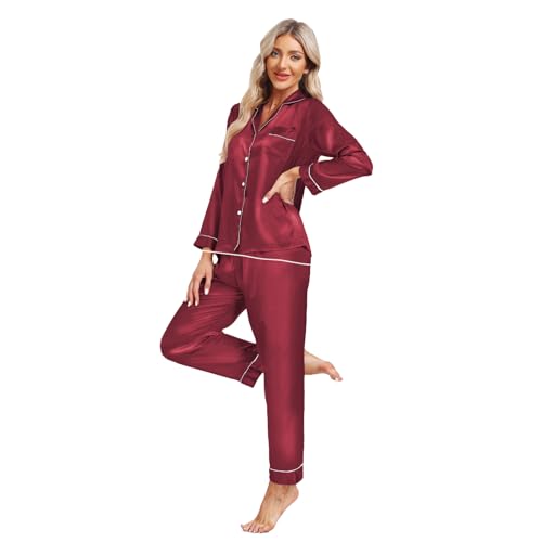 North Bund Satin Langarm Schlafanzug Damen Pyjama Sets Nachtwäsche Sleepwear Loungewear V-Ausschnitt Zweiteiliger Pyjamas Hausanzug Burgunderrot L von North Bund