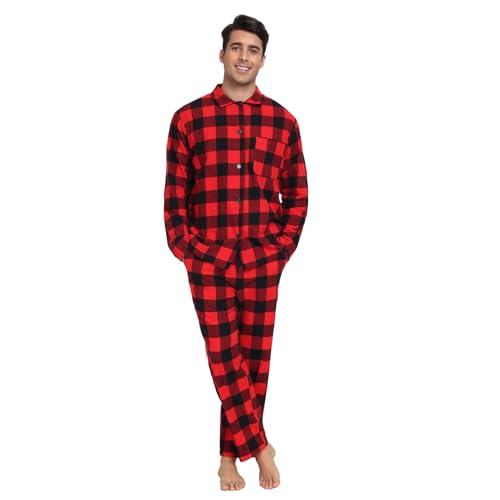 North Bund Schlafanzug Herren Lang Pyjama Set Baumwolle Nachtwäsche Langarm Loungewear Zweiteiliger Schlafanzughose Kariert Hausanzug Für Männer Winter Rotschwarz XL von North Bund