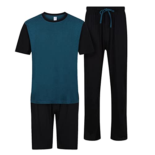 Herren-Pyjama, 3-teilig, Nachtschlaf, Loungewear, Pyjama-Set, Größe M bis 2XL, Oberteil und Hose, 3-teiliges Set in Grün und Schwarz, L von North East