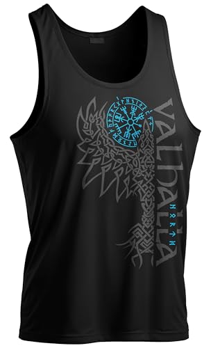 North Legendary - Big Tank Top für Herren - Valhalla Odin Rabe Hugin Munin - Viking Oversized Gym Tanktop, Wikinger, Walhalla, Sport Geschenk für Männer, Größe:3XL, Farbe:Blau von North Legendary