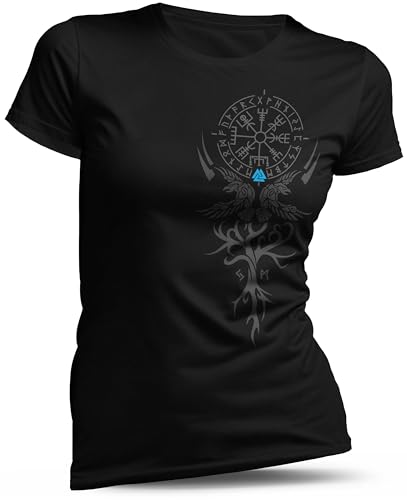 North Legendary Damen T-Shirt - Wikinger - Blau - Vegvisir - Ragnarök Walhalla Runen, Viking Shirt Berserker Krieger, Thor Symbol Odin Yggdrasil - Kleidung Nordische Mythologie, Größe 2XL von North Legendary