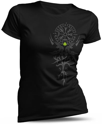 North Legendary Damen T-Shirt - Wikinger - Grün - Vegvisir - Yggdrasil Weltenbaum, Runen Odin Symbol, LARP Kleidung, Valhalla Krieger Shirt, Nordische Mythen, Götter, Berserker Stil, Größe 3XL von North Legendary
