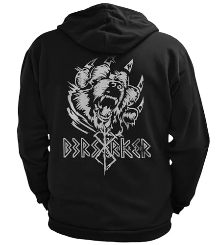 North Legendary - Herren Sweatjacke mit Kapuze - Bär Björn Krieger Berserker Rücken Aufdruck - nordische Wikinger Walhalla Zipper, Valhalla Viking, Größe:5XL, Farbe:Weiß von North Legendary