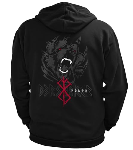 North Legendary - Herren Sweatjacke mit Kapuze - Bär Björn Krieger Berserker Rücken Aufdruck - nordische Wikinger Walhalla Zipper, Valhalla Viking, Größe:L, Farbe:Blutrot von North Legendary
