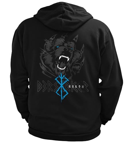 North Legendary - Herren Sweatjacke mit Kapuze - Bär Björn Krieger Berserker Rücken Aufdruck - nordische Wikinger Walhalla Zipper, Valhalla Viking, Größe:M, Farbe:Blau von North Legendary
