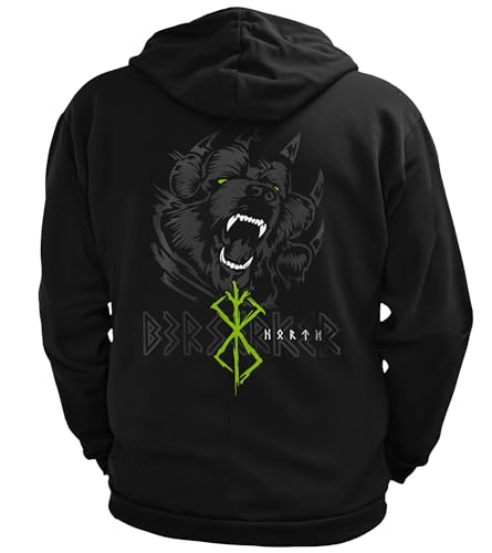 North Legendary - Herren Sweatjacke mit Kapuze - Bär Björn Krieger Berserker Rücken Aufdruck - nordische Wikinger Walhalla Zipper, Valhalla Viking, Größe:XXL, Farbe:Grün von North Legendary