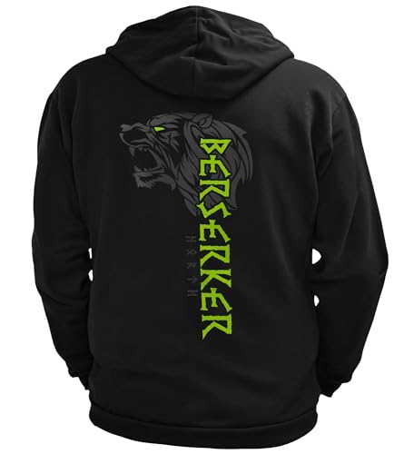 North Legendary - Herren Sweatjacke mit Kapuze - Berserker Bär Krieger Rücken Aufdruck - nordische Wikinger Walhalla Zipper, Valhalla Viking, Größe:3XL, Farbe:Grün von North Legendary