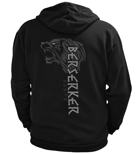 North Legendary - Herren Sweatjacke mit Kapuze - Berserker Bär Krieger Rücken Aufdruck - nordische Wikinger Walhalla Zipper, Valhalla Viking, Größe:4XL, Farbe:Grau von North Legendary