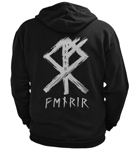 North Legendary - Herren Sweatjacke mit Kapuze - Fenris Wolfsrune Wolf Rücken Aufdruck - nordische Wikinger Walhalla Zipper, Valhalla Viking, Größe:L, Farbe:Weiß von North Legendary