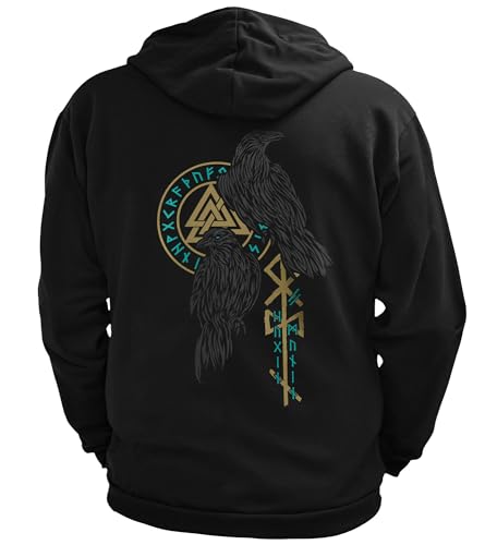 North Legendary - Herren Sweatjacke mit Kapuze - Hugin Munin Raben Emerald Gold Rücken Aufdruck - nordische Wikinger Walhalla Zipper, Valhalla Viking, Größe:XL, Farbe:Emerald von North Legendary