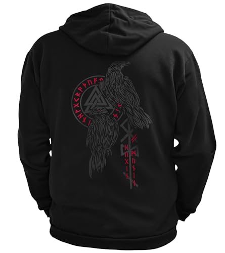 North Legendary - Herren Sweatjacke mit Kapuze - Hugin und Munin Odin Raben Rücken Aufdruck - nordische Wikinger Walhalla Zipper, Valhalla Viking, Größe:4XL, Farbe:Blutrot von North Legendary