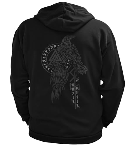 North Legendary - Herren Sweatjacke mit Kapuze - Hugin und Munin Odin Raben Rücken Aufdruck - nordische Wikinger Walhalla Zipper, Valhalla Viking, Größe:L, Farbe:Grau von North Legendary