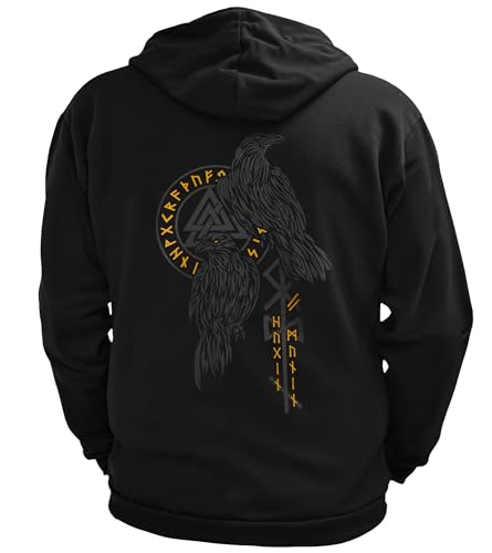 North Legendary - Herren Sweatjacke mit Kapuze - Hugin und Munin Odin Raben Rücken Aufdruck - nordische Wikinger Walhalla Zipper, Valhalla Viking, Größe:M, Farbe:Gelb von North Legendary