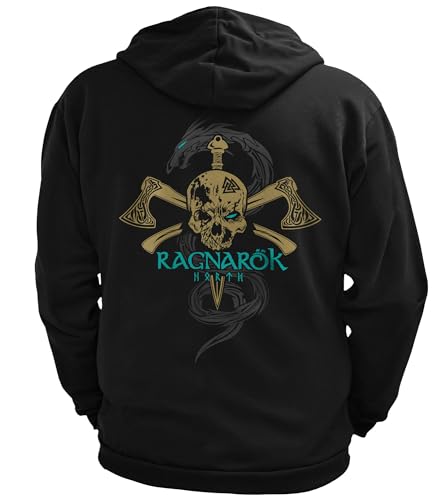 North Legendary - Herren Sweatjacke mit Kapuze - Ragnarök Emerald Gold Rücken Aufdruck - nordische Wikinger Walhalla Zipper, Valhalla Viking, Größe:4XL, Farbe:Emerald von North Legendary