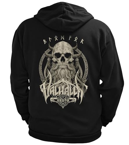 North Legendary - Herren Sweatjacke mit Kapuze- Skull Viking Totenkopf Wikinger Rücken Aufdruck - nordische Wikinger Walhalla Zipper, Valhalla Viking, Größe:4XL, Farbe:Old White von North Legendary