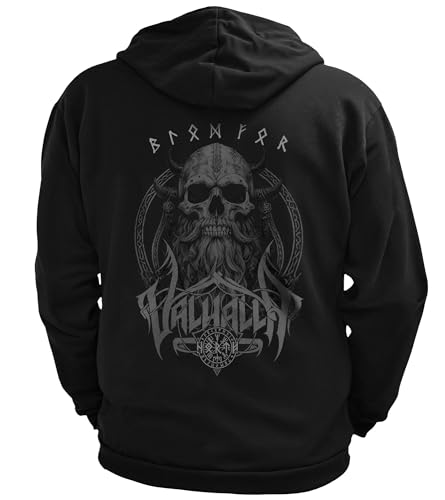 North Legendary - Herren Sweatjacke mit Kapuze- Skull Viking Totenkopf Wikinger Rücken Aufdruck - nordische Wikinger Walhalla Zipper, Valhalla Viking, Größe:L, Farbe:Grau von North Legendary