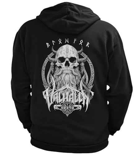 North Legendary - Herren Sweatjacke mit Kapuze- Skull Viking Totenkopf Wikinger Rücken Aufdruck - nordische Wikinger Walhalla Zipper, Valhalla Viking, Größe:L, Farbe:Weiß von North Legendary