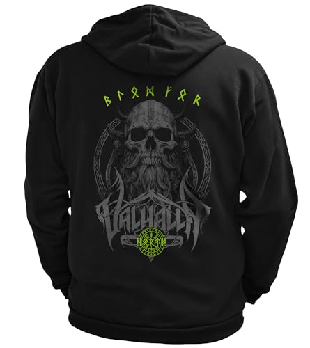 North Legendary - Herren Sweatjacke mit Kapuze- Skull Viking Totenkopf Wikinger Rücken Aufdruck - nordische Wikinger Walhalla Zipper, Valhalla Viking, Größe:XL, Farbe:Grün von North Legendary
