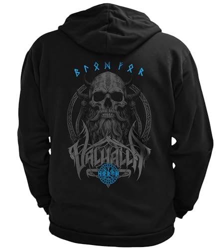 North Legendary - Herren Sweatjacke mit Kapuze- Skull Viking Totenkopf Wikinger Rücken Aufdruck - nordische Wikinger Walhalla Zipper, Valhalla Viking, Größe:XXL, Farbe:Blau von North Legendary