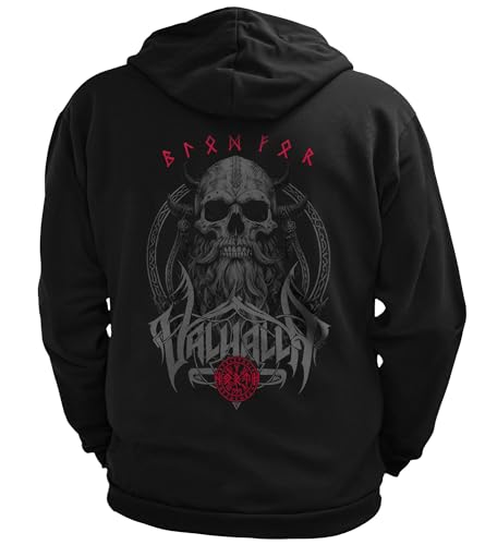 North Legendary - Herren Sweatjacke mit Kapuze- Skull Viking Totenkopf Wikinger Rücken Aufdruck - nordische Wikinger Walhalla Zipper, Valhalla Viking, Größe:XXL, Farbe:Blutrot von North Legendary