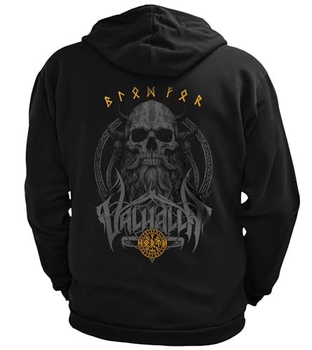 North Legendary - Herren Sweatjacke mit Kapuze- Skull Viking Totenkopf Wikinger Rücken Aufdruck - nordische Wikinger Walhalla Zipper, Valhalla Viking, Größe:XXL, Farbe:Gelb von North Legendary