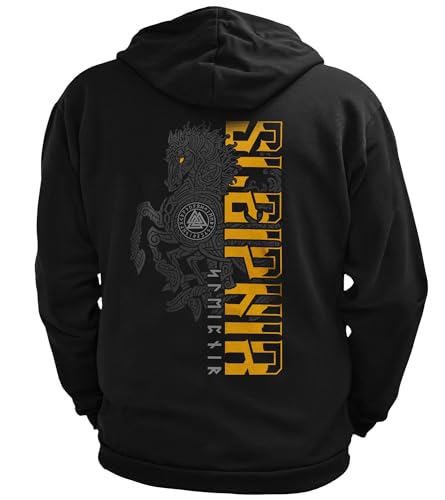 North Legendary - Herren Sweatjacke mit Kapuze - Sleipnir Pferd 8 Beinen Rücken Aufdruck - nordische Wikinger Walhalla Zipper, Valhalla Viking, Größe:L, Farbe:Gelb von North Legendary
