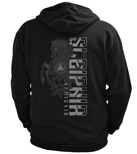 North Legendary - Herren Sweatjacke mit Kapuze - Sleipnir Pferd 8 Beinen Rücken Aufdruck - nordische Wikinger Walhalla Zipper, Valhalla Viking, Größe:S, Farbe:Grau von North Legendary