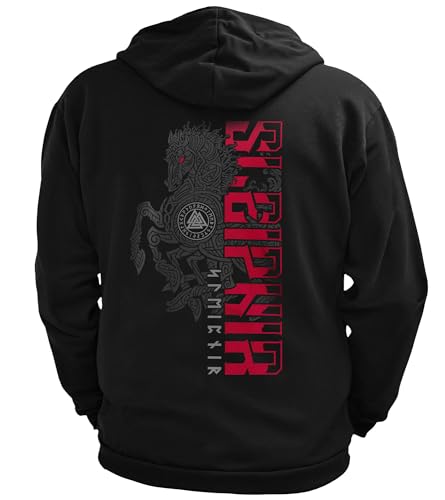 North Legendary - Herren Sweatjacke mit Kapuze - Sleipnir Pferd 8 Beinen Rücken Aufdruck - nordische Wikinger Walhalla Zipper, Valhalla Viking, Größe:XXL, Farbe:Blutrot von North Legendary