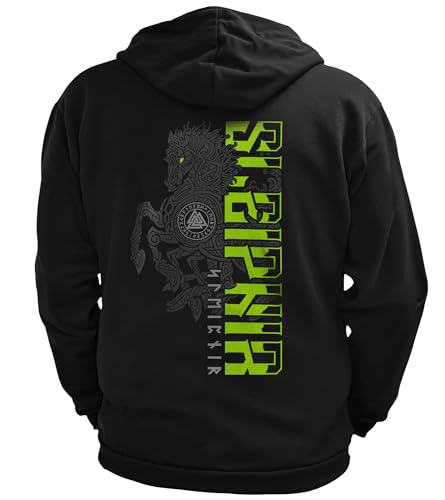 North Legendary - Herren Sweatjacke mit Kapuze - Sleipnir Pferd 8 Beinen Rücken Aufdruck - nordische Wikinger Walhalla Zipper, Valhalla Viking, Größe:XXL, Farbe:Grün von North Legendary