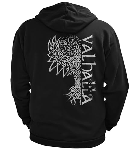 North Legendary - Herren Sweatjacke mit Kapuze - Valhalla Rabe Rücken Aufdruck - nordische Wikinger Walhalla Zipper, Valhalla Viking, Größe:3XL, Farbe:Weiß von North Legendary