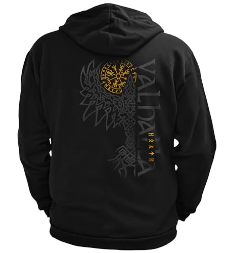 North Legendary - Herren Sweatjacke mit Kapuze - Valhalla Rabe Rücken Aufdruck - nordische Wikinger Walhalla Zipper, Valhalla Viking, Größe:4XL, Farbe:Gelb von North Legendary