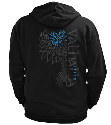 North Legendary - Herren Sweatjacke mit Kapuze - Valhalla Rabe Rücken Aufdruck - nordische Wikinger Walhalla Zipper, Valhalla Viking, Größe:L, Farbe:Blau von North Legendary