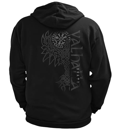 North Legendary - Herren Sweatjacke mit Kapuze - Valhalla Rabe Rücken Aufdruck - nordische Wikinger Walhalla Zipper, Valhalla Viking, Größe:L, Farbe:Grau von North Legendary
