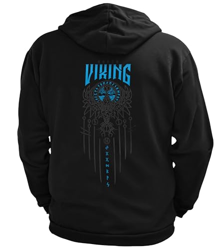 North Legendary - Herren Sweatjacke mit Kapuze - Yggdrasil 9 Welten Weltenbaum Rücken Aufdruck - nordische Wikinger Walhalla Zipper, Valhalla Viking, Größe:M, Farbe:Blau von North Legendary