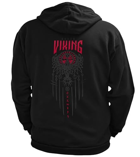 North Legendary - Herren Sweatjacke mit Kapuze - Yggdrasil 9 Welten Weltenbaum Rücken Aufdruck - nordische Wikinger Walhalla Zipper, Valhalla Viking, Größe:XL, Farbe:Blutrot von North Legendary