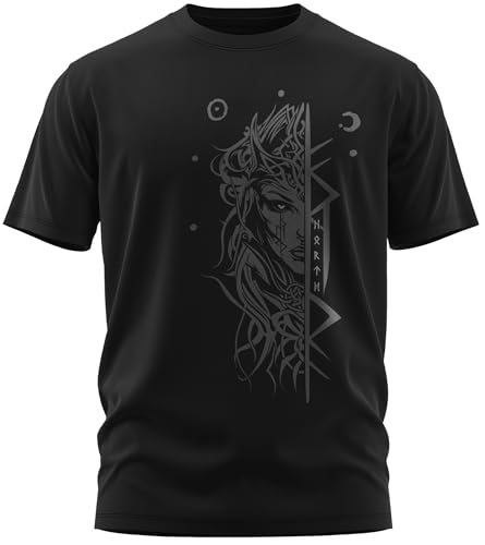 North Legendary T-Shirt Herren Wikinger Motiv mit Schildmaid und Runen schwarz Runenfarbe Grau Größe XXL Runenshirt Männer nordischer Mythologie Look Baumwolle Valhalla Viking Streetwear Regular Fit von North Legendary