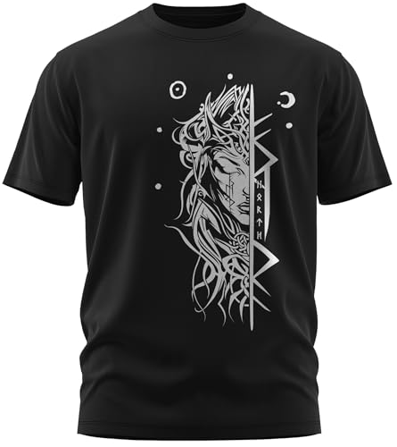 North Legendary T-Shirt Herren Wikinger Motiv mit Schildmaid und Runen schwarz Runenfarbe Weiß Größe 5XL Valhalla Motto Shirt Herren Wikinger Style Streetwear Regular Fit Baumwolle Runenprint von North Legendary